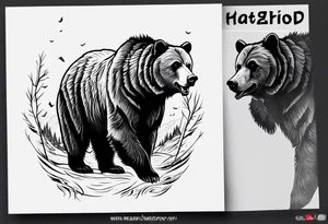 A grizzly bear hunting wolves in the wild tattoo idea