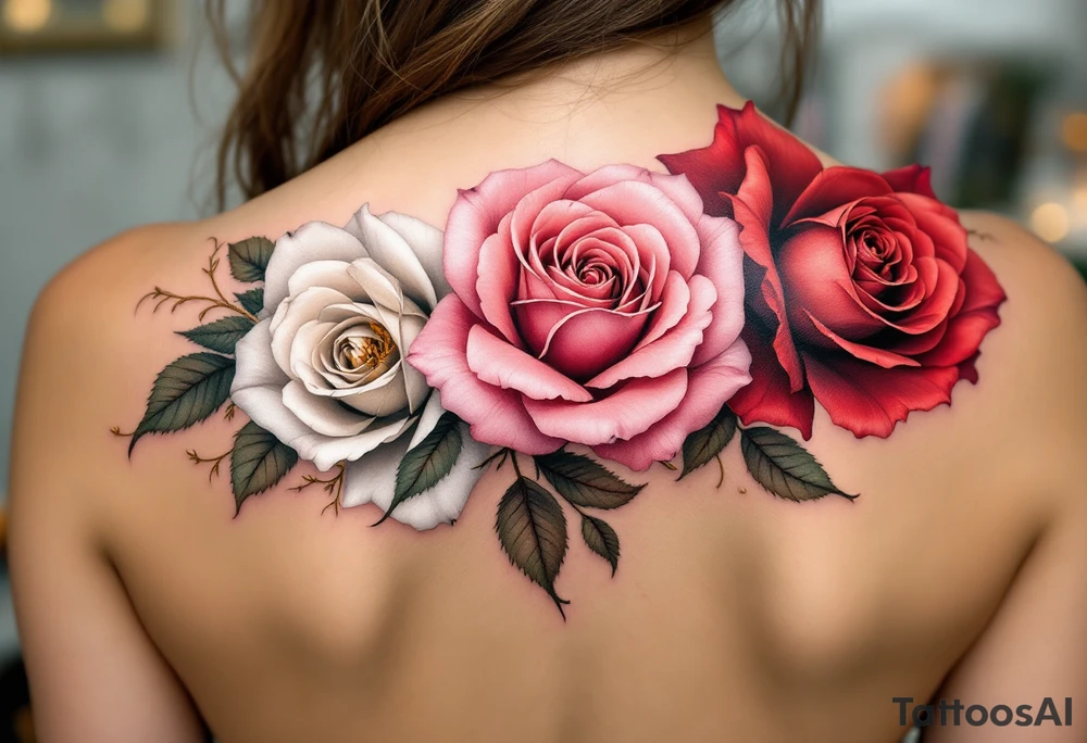 Three roses in different stages of bloom—white (beginning), pink (growth), and deep red (passion)—intertwined with golden vines. tattoo idea