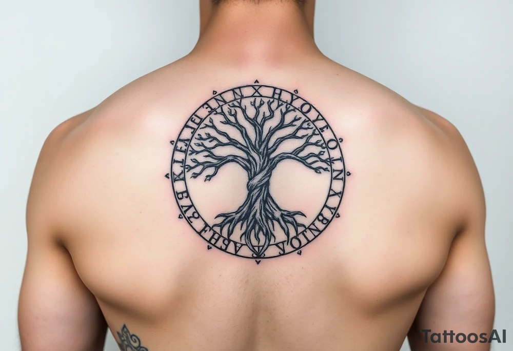 yggadrisl tree of life with circle of runes tattoo idea
