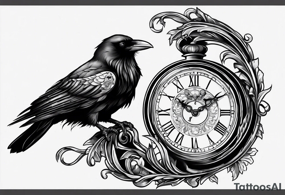 raven perched on clock tattoo idea