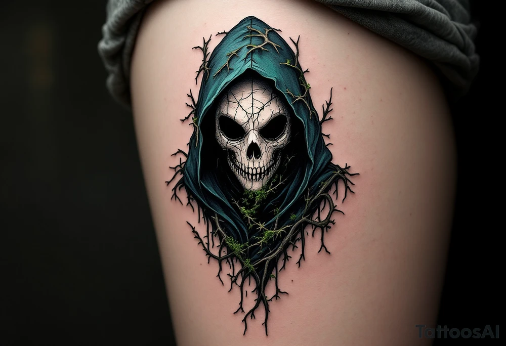 Plague Doctor with Thorned Vines – A mysterious plague doctor with tipical mask cloaked in dark green and black, with thorny vines creeping over the robe and mask, symbolizing death and rebirth. The mask is cracked, with moss growing in its crevices. tattoo idea