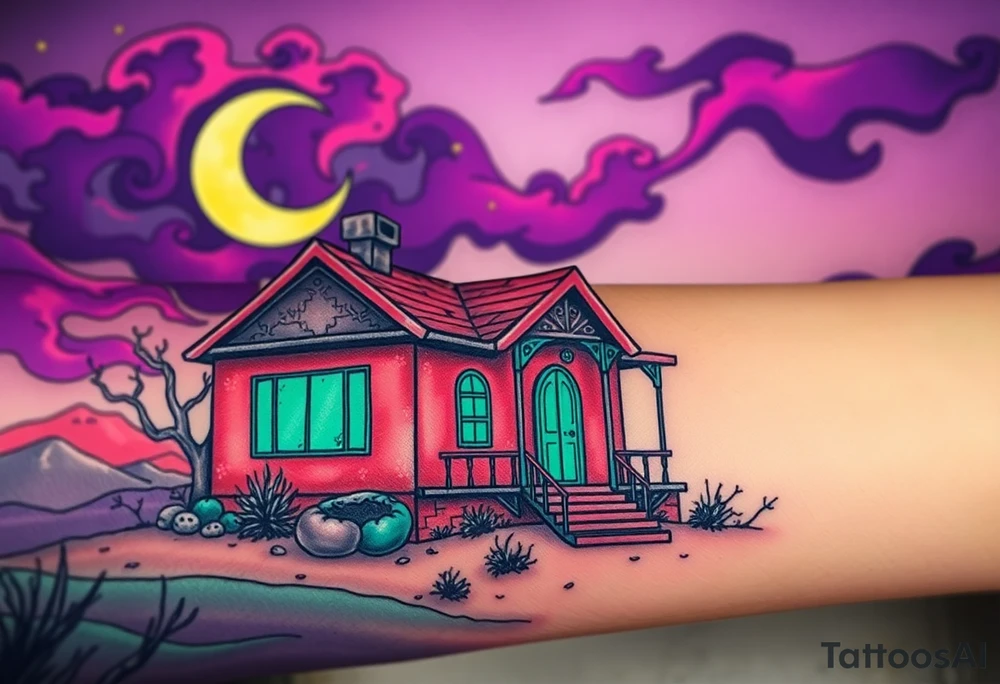 Tim Burton’s haunted desert bungalow is abandoned and dripping with muted reds, dusty pinks, and eerie green glow.purple and cyan smokey clouds swirl in the crescent moonlit sky thats sprinkled with stars tattoo idea tattoo idea