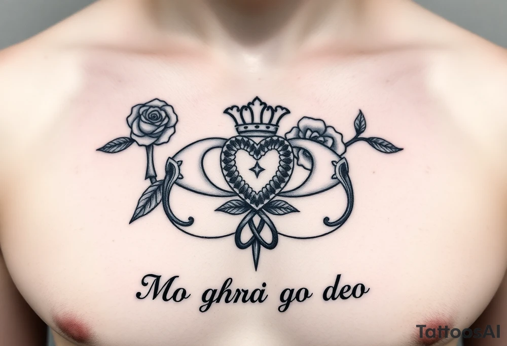 Claddagh placed on a man’s chest. The bake Michelle and Irish rose with Celtic knot incorporated into the design. Flour de lit. Mo ghrá go deo written at the very bottom. tattoo idea
