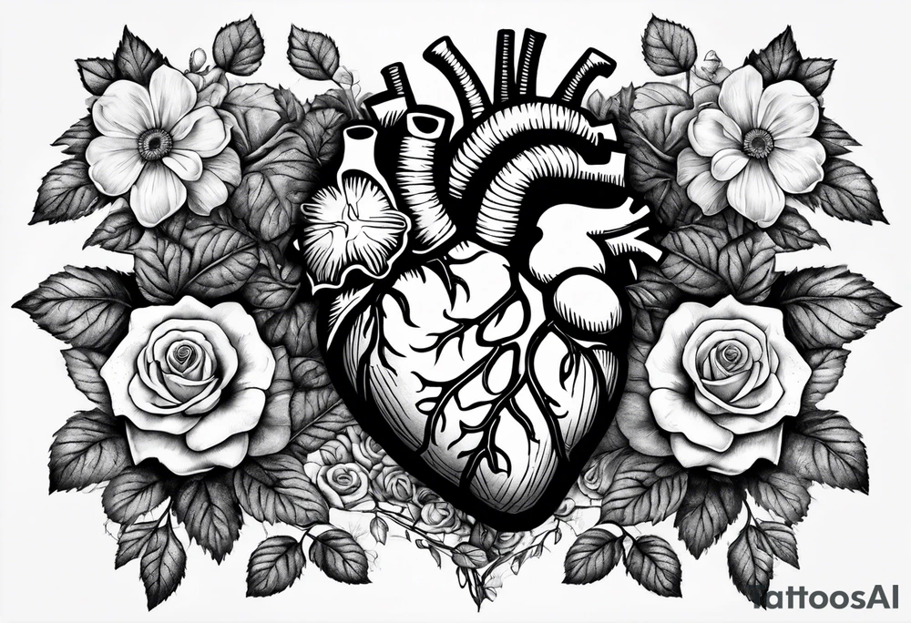 Cracking Anatomical heart with roses, violets, and daises coming out of the top of the heart with roots coming through the cracks to hold the heart together tattoo idea