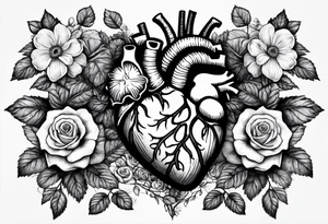 Cracking Anatomical heart with roses, violets, and daises coming out of the top of the heart with roots coming through the cracks to hold the heart together tattoo idea