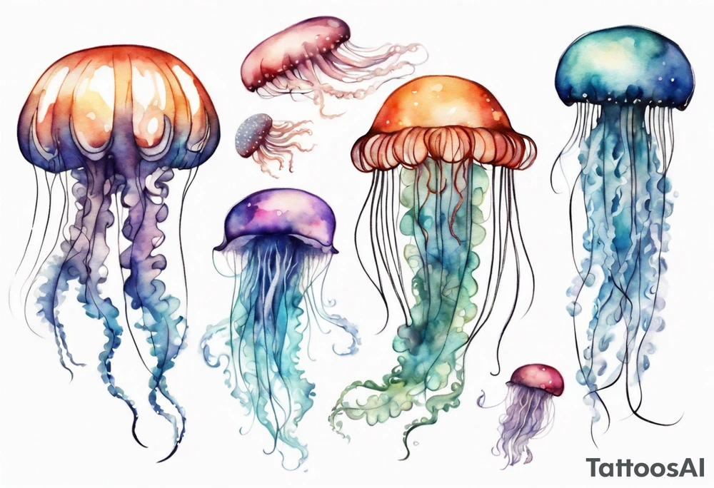 One large jellyfish with long tentacles, surrounded by two or three smaller jellyfish tattoo idea
