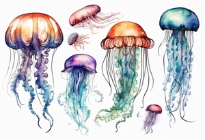 One large jellyfish with long tentacles, surrounded by two or three smaller jellyfish tattoo idea