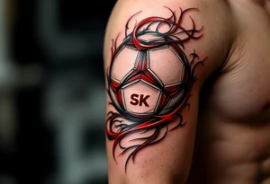 A tribal-inspired design featuring a red and white ball intertwined with the club’s initials "SK Slavia Praha". tattoo idea