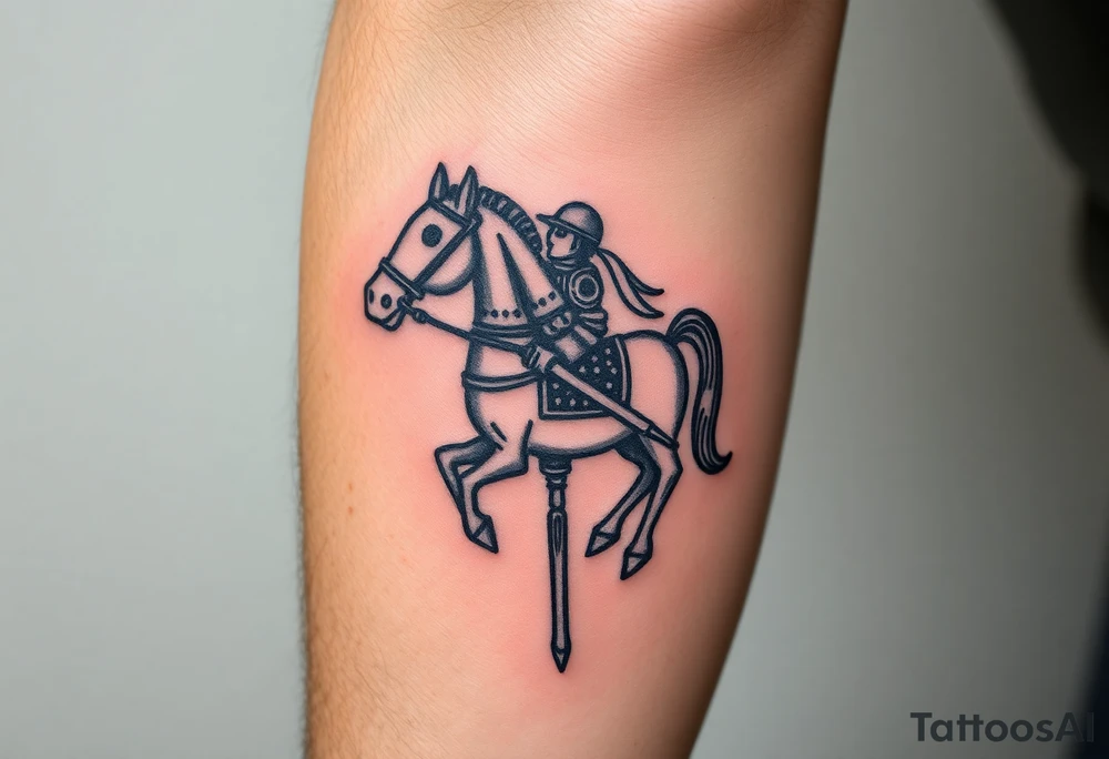 2d medieval woodcut knight on a childs hobby horse head stick toy tattoo idea