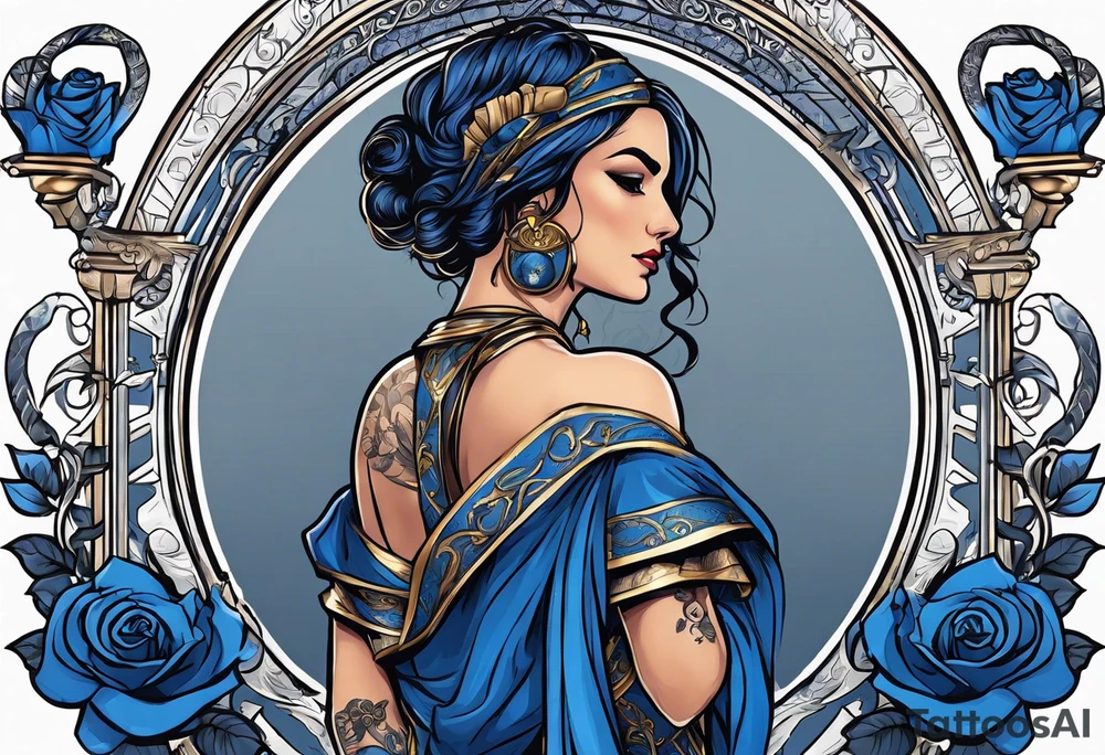 ancient rome clothes women, with ancient scale in one hand, blue rose frames, justicia tattoo idea