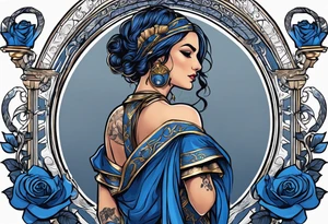ancient rome clothes women, with ancient scale in one hand, blue rose frames, justicia tattoo idea