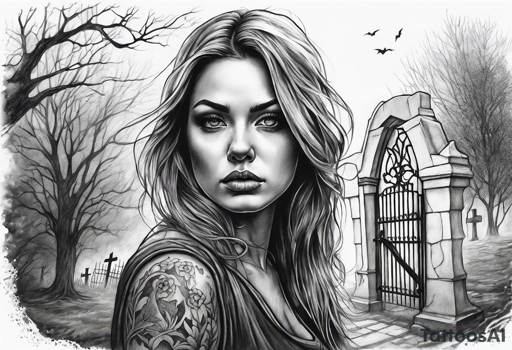 Courageous Woman with a tear running down her face walking out of a graveyard  leaving her old terrifying, scary, violent past behind her ethereal and mysterious tattoo idea