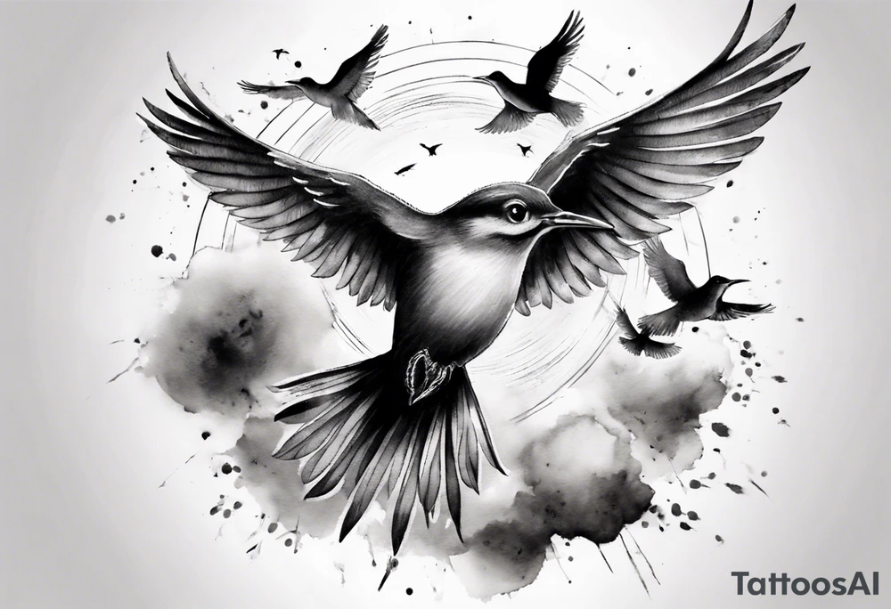 shoulder tattoo with light rays with birds flying free among the clouds, round shape, 3d effect tattoo idea