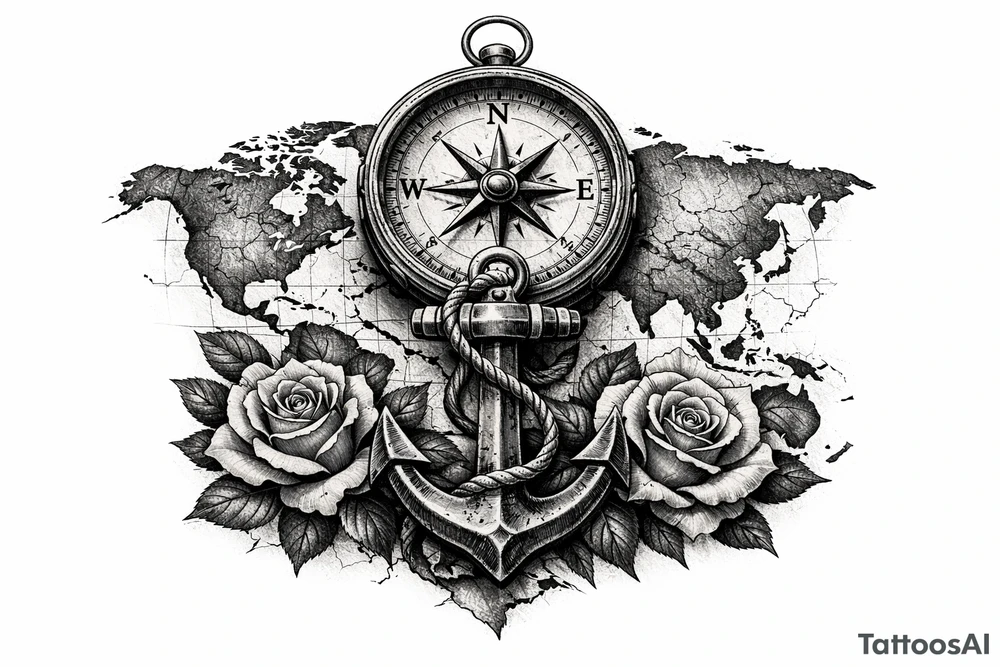 a compass under it an anchor, roses,world map. tattoo idea