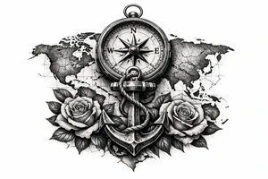 a compass under it an anchor, roses,world map. tattoo idea