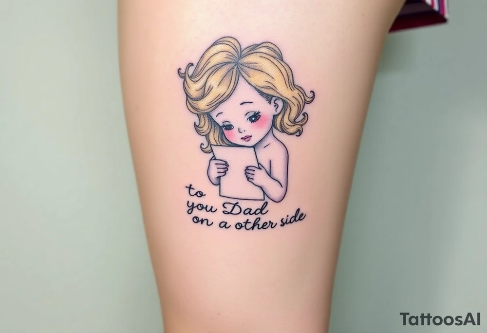 Little blond girl with curly hair mailing a letter that says to dad on the other side tattoo idea