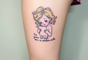 Little blond girl with curly hair mailing a letter that says to dad on the other side tattoo idea
