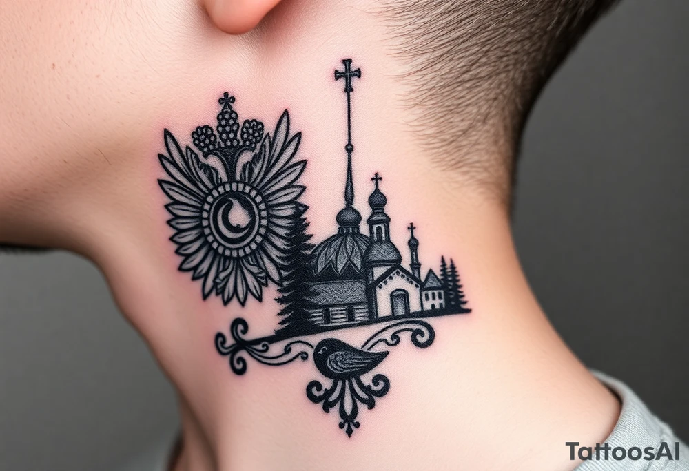 Traditional authentic Russian coat of arms with a Christian orthodox virgin marry in the middle and silhouette in a Russian wilderness Christian orthodoxy dome church village setting on the side of my neck tattoo idea