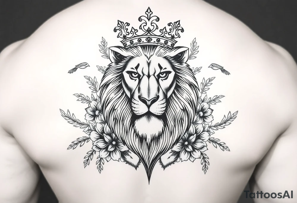 powerful majestic lion with a crown, surrounded by floral ornaments and birds tattoo idea