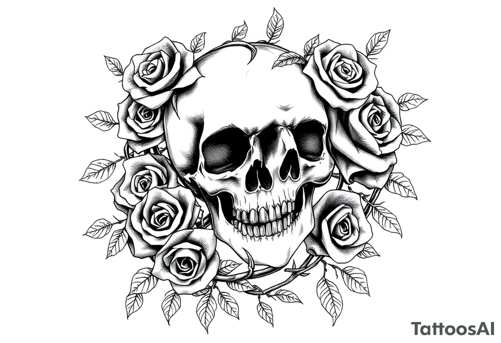 gothic skull intertwined with climbing roses and thorny vines tattoo idea