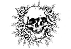 gothic skull intertwined with climbing roses and thorny vines tattoo idea