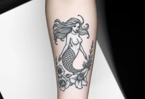 ethereal mermaid with flowing hair among coral and sea flowers tattoo idea