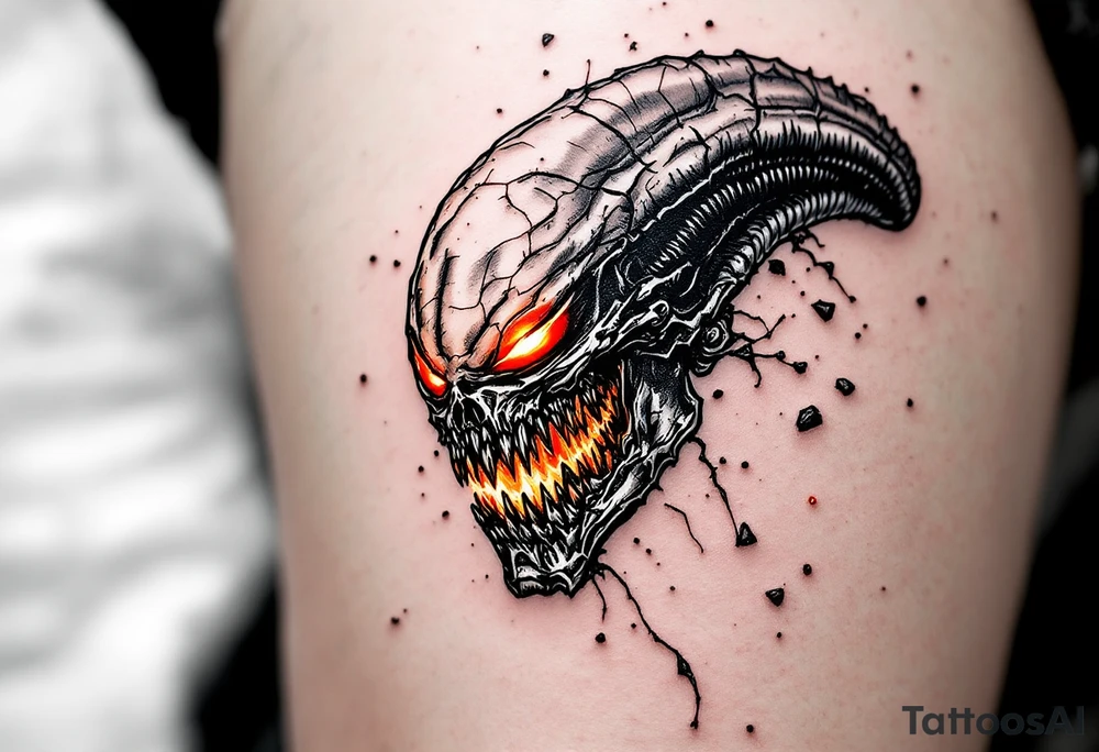 A shattered Xenomorph skull with red, orange, and yellow glowing from the cracks, evoking the violent nature of the species with a touch of vibrant energy. tattoo idea