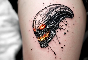 A shattered Xenomorph skull with red, orange, and yellow glowing from the cracks, evoking the violent nature of the species with a touch of vibrant energy. tattoo idea