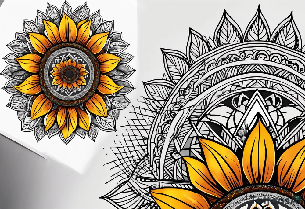 geometric sunflower mandala Knee tattoo in fall colors tattoo idea