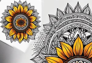 geometric sunflower mandala Knee tattoo in fall colors tattoo idea