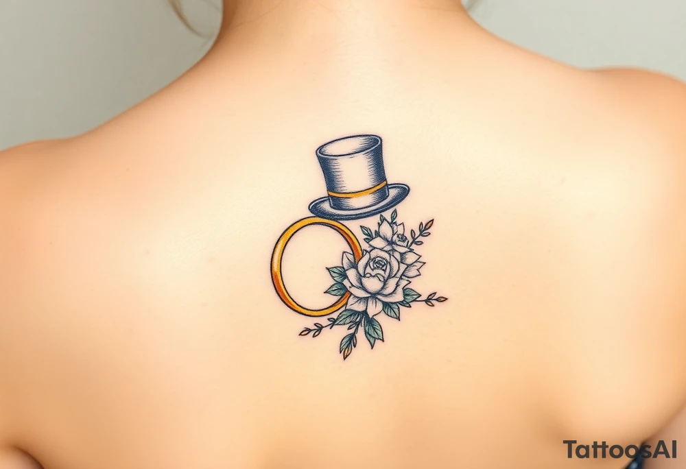 two golden wedding rings with top hat and wedding bouquet tattoo idea