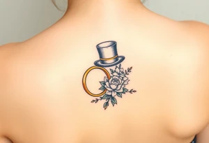 two golden wedding rings with top hat and wedding bouquet tattoo idea