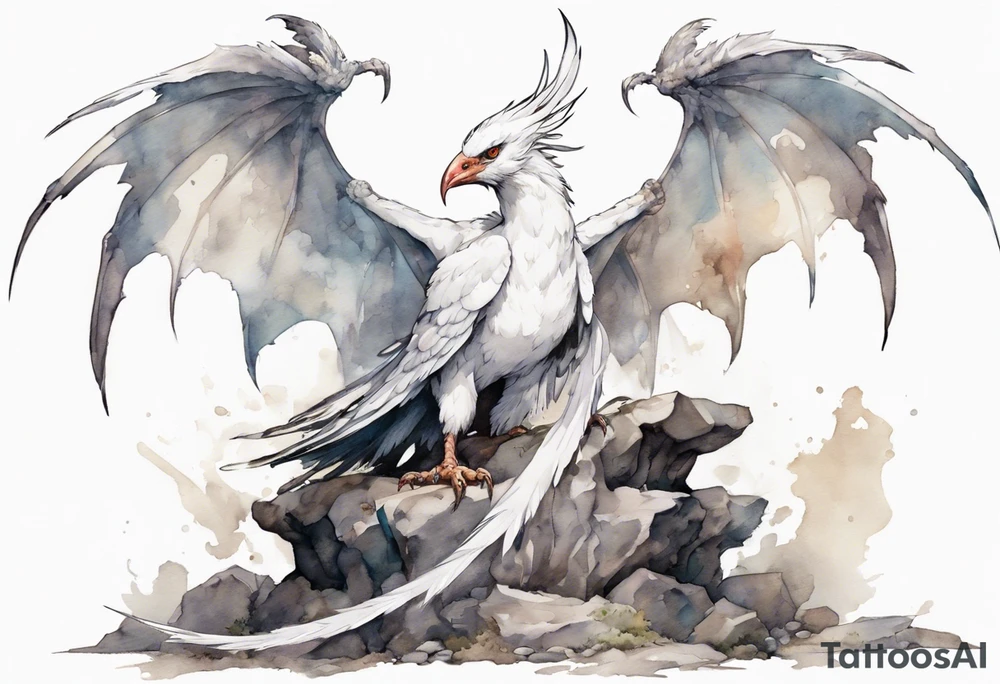 a white bird-wyvern hybrid wearing a plain iron diadem, standing on a stone throne tattoo idea