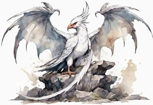 a white bird-wyvern hybrid wearing a plain iron diadem, standing on a stone throne tattoo idea