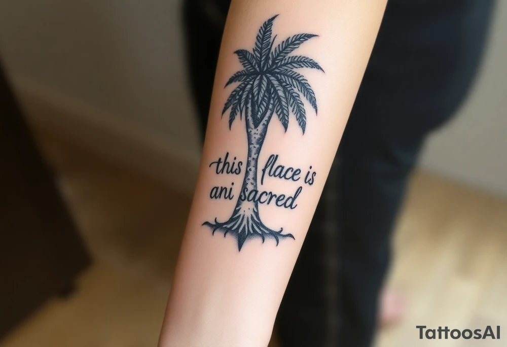 Hand written writing that says this place is sacred on the trunk of a small breadfruit tree tattoo idea