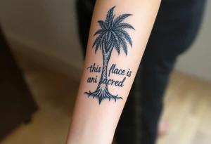 Hand written writing that says this place is sacred on the trunk of a small breadfruit tree tattoo idea