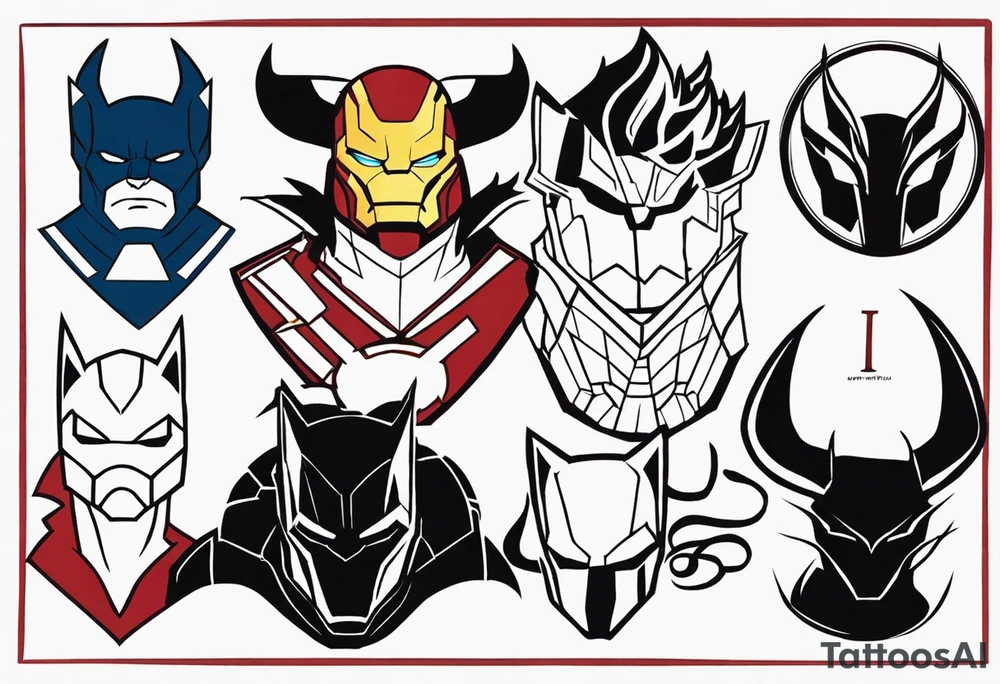 I want to change Avengers Team characters with animals. Hulk will be Badger, Thor will be Alpha Grey Wolf, Captain America will be Bull, Iron Man will be Canary, Black Widow will be Axolotl, Hawk Eye will be Sudan Plated Lizard and Nick Fury will be Cat. tattoo idea