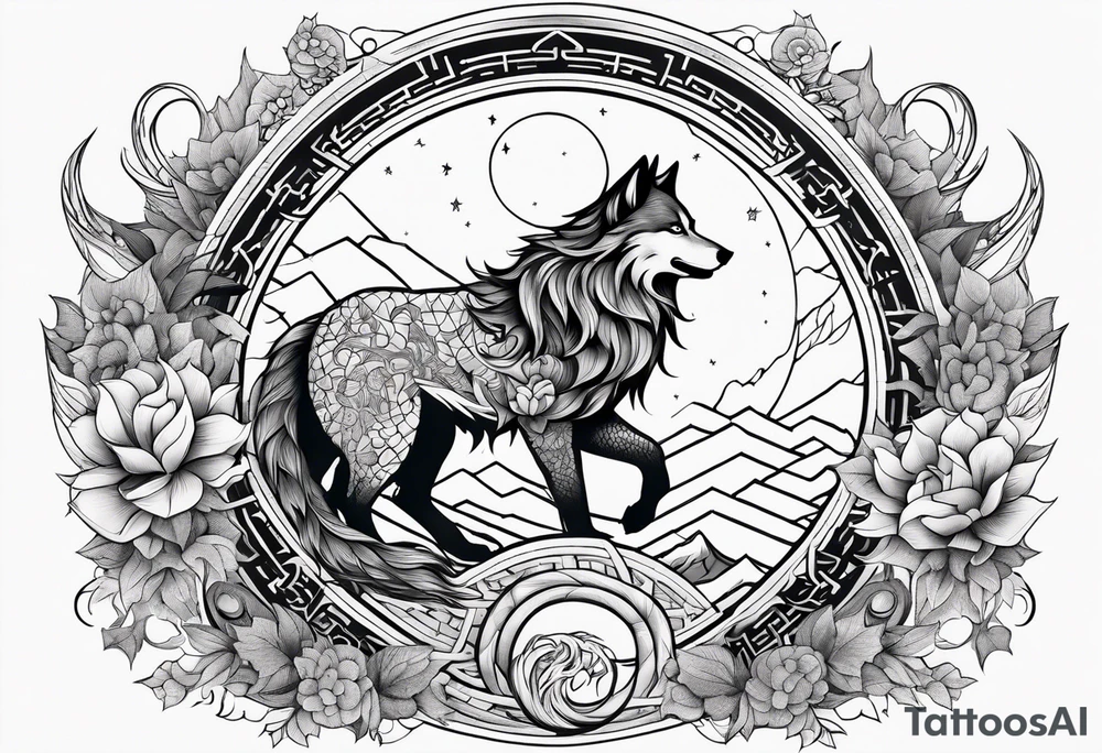 yang yang wolf chasing the moon and sun with Jörmungandr wrapped around it tattoo tattoo idea