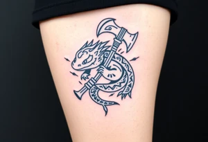 line work axolotl holding an axe tattoo idea