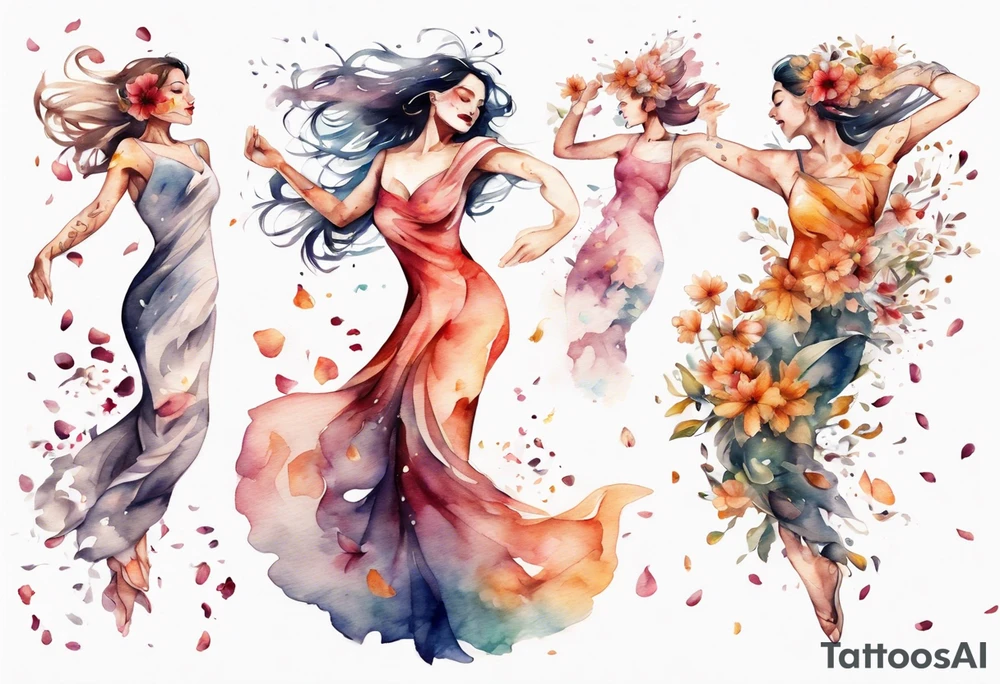 One Very feminine woman dancing in a wind of flower petals tattoo idea