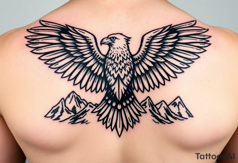 majestic eagle spreading wings against mountain peaks tattoo idea