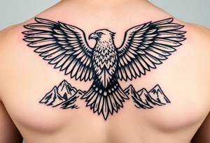 majestic eagle spreading wings against mountain peaks tattoo idea