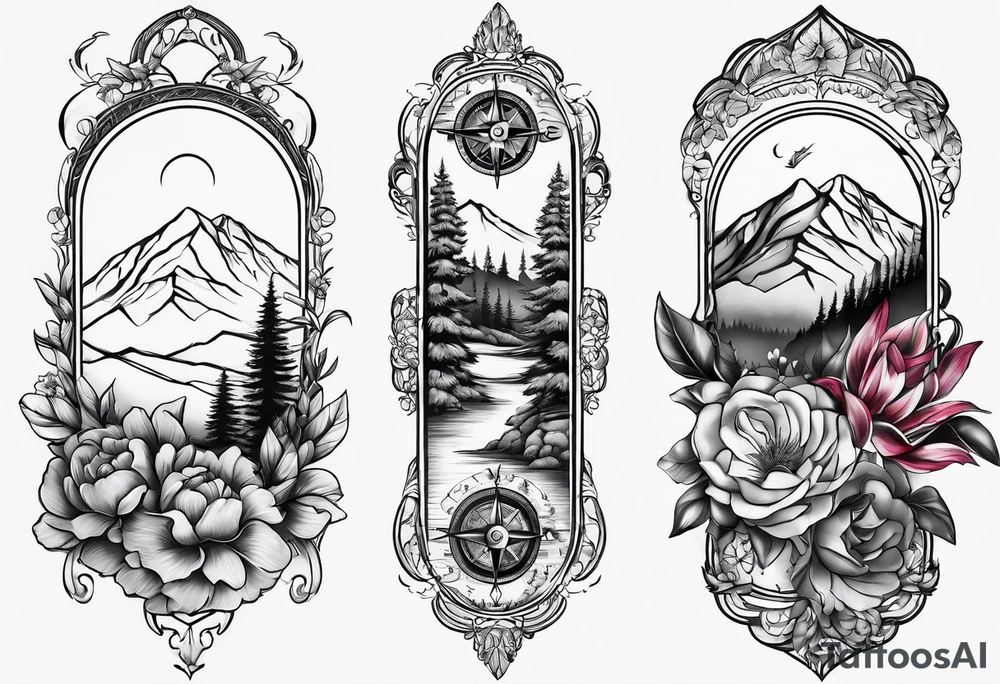 Compass mountains flowers tattoo idea