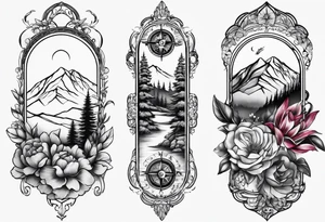 Compass mountains flowers tattoo idea
