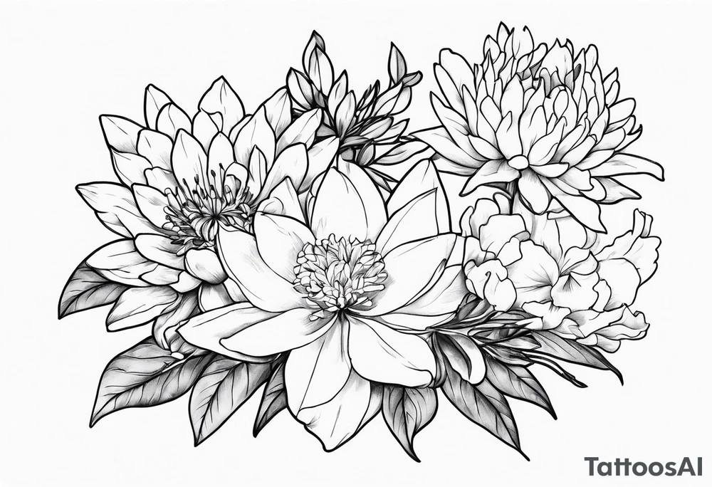 Bouquet with larkspur, water lily, carnation, chrysanthemum tattoo idea