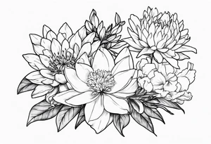 Bouquet with larkspur, water lily, carnation, chrysanthemum tattoo idea