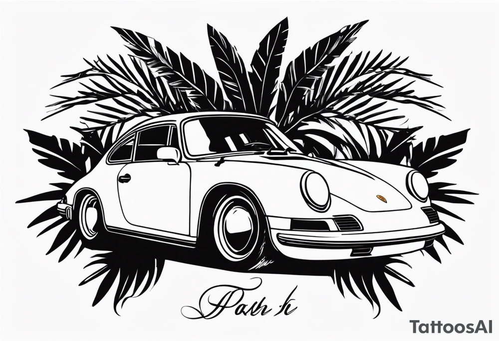 laurel wreath with porsche car inside and palm tree tattoo idea