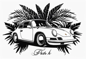 laurel wreath with porsche car inside and palm tree tattoo idea