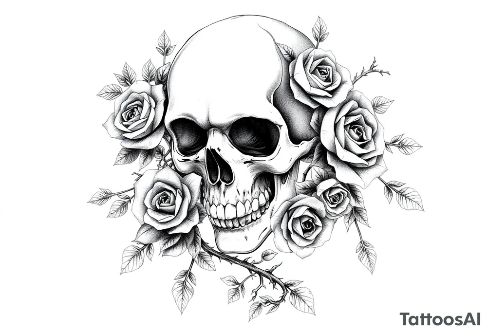 gothic skull intertwined with climbing roses and thorny vines tattoo idea