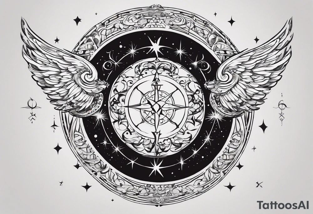 Here's the translation of the request into English:

Create a sketch for a male tattoo that reflects the concept of life purpose and spiritual growth. The tattoo should symbolize the idea of a higher plan assigned to a person before birth, and the path of spiritual realization. Include elements that personify the Universe, higher powers, or divine origin. The image should convey forward movement along life's path and ascension to a higher level of consciousness. The tattoo style should be masculine and philosophical, suitable for placement on the shoulder, forearm, or chest. tattoo idea